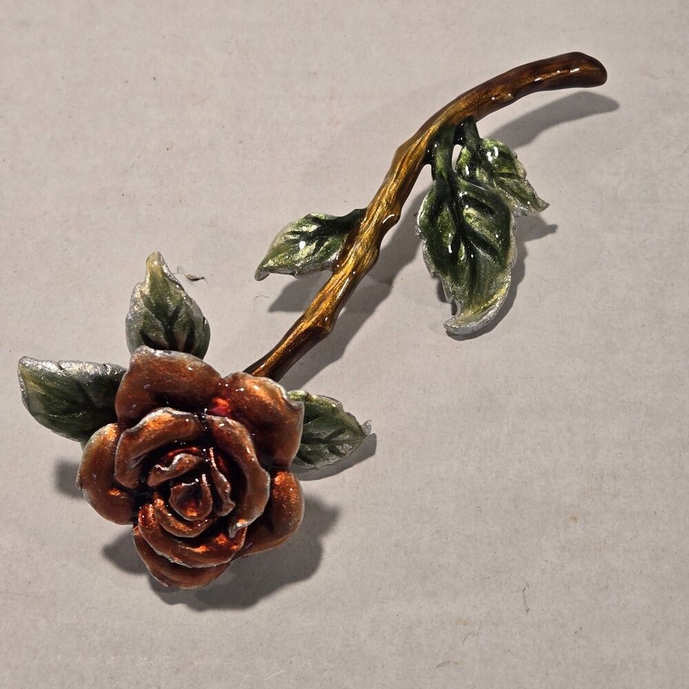 Vintage Enamel Rose Brooch Pin - 2" Glossy Statement Floral - Cottagecore *EUC